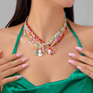 569578261 Christmas Cartoon Santa Bell Snowman Snowflake Pendant Colorful Seed Bead Necklace for Women