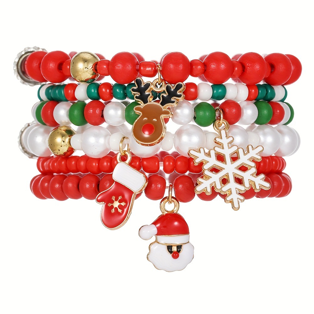 Christmas bracelet set with reindeer bells, Christmas tree beads, and woven polymer clay. - Image 5