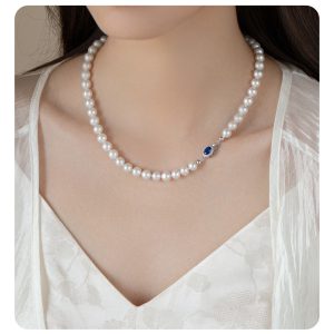 Natural Mother-of-Pearl Pearl Necklace  Silver Blue Gem Clasp High Luster Premium Quality Pearl Australian White Necklace